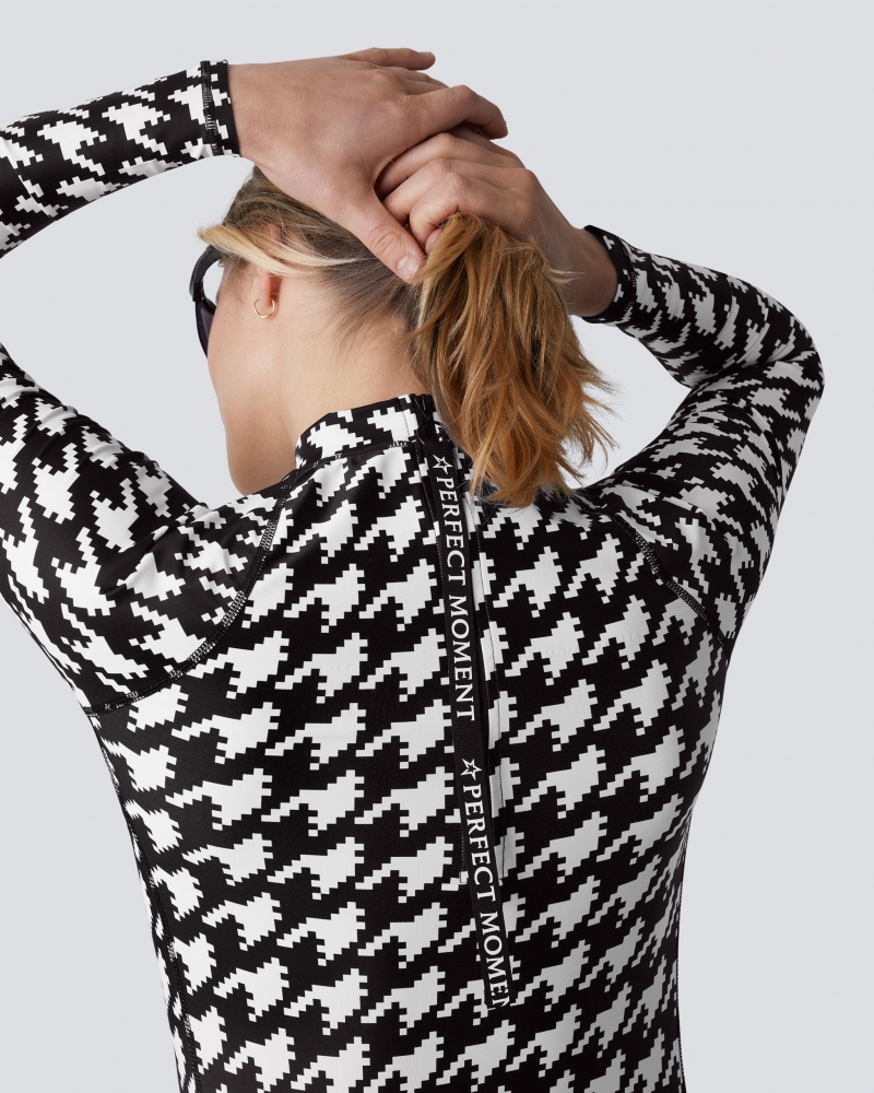 Perfect Moment PM Houndstooth Long Sleeve Rash Guard Negros Blancos | CMB725401